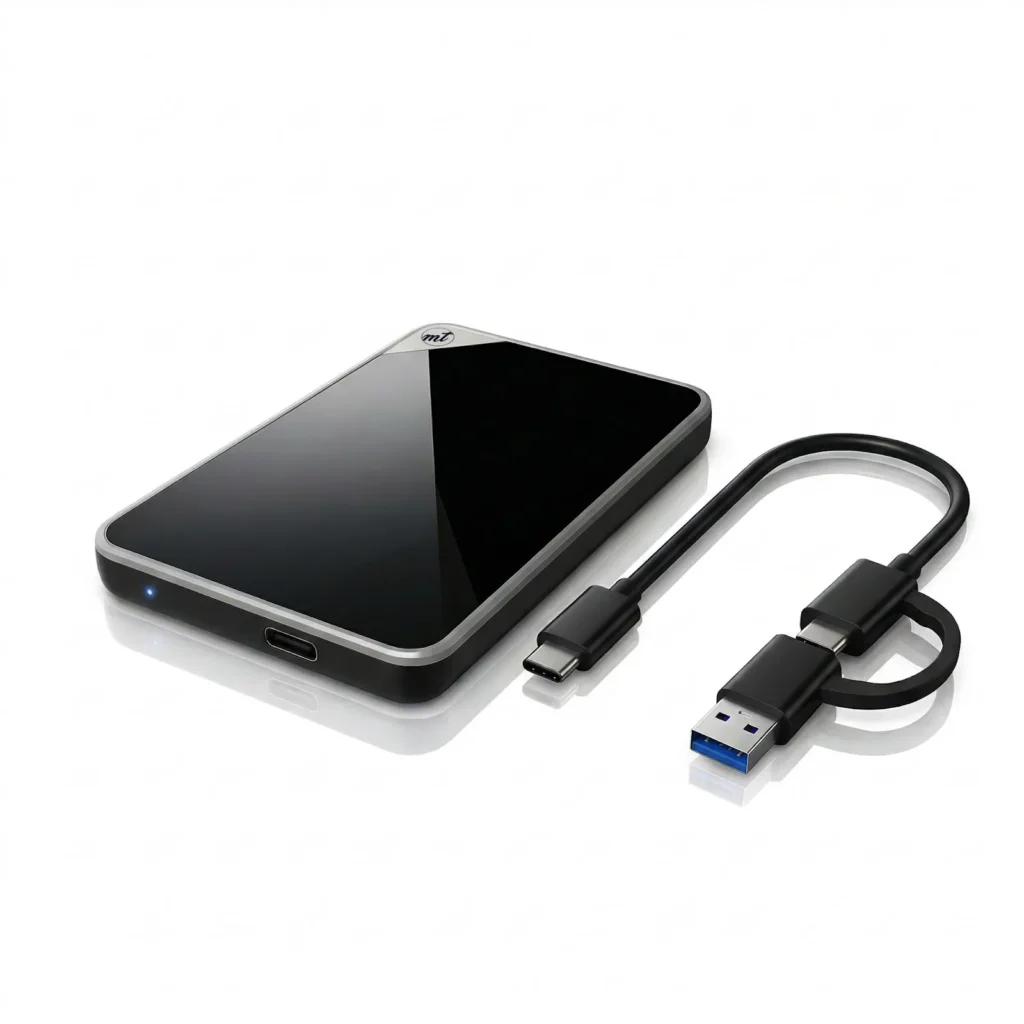 ModusTech Acrylic 2.5-inch portable hard drive with its 2-in-1 USB-C cable