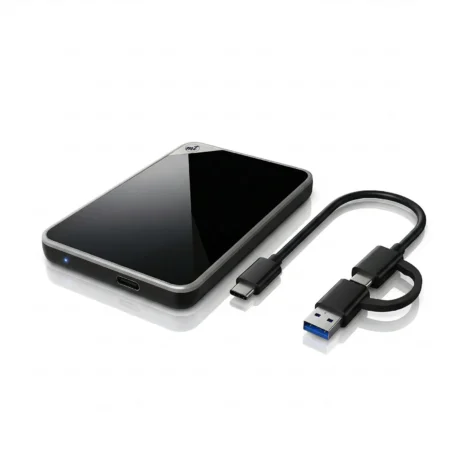 ModusTech Acrylic 2.5-inch portable hard drive with its 2-in-1 USB-C cable