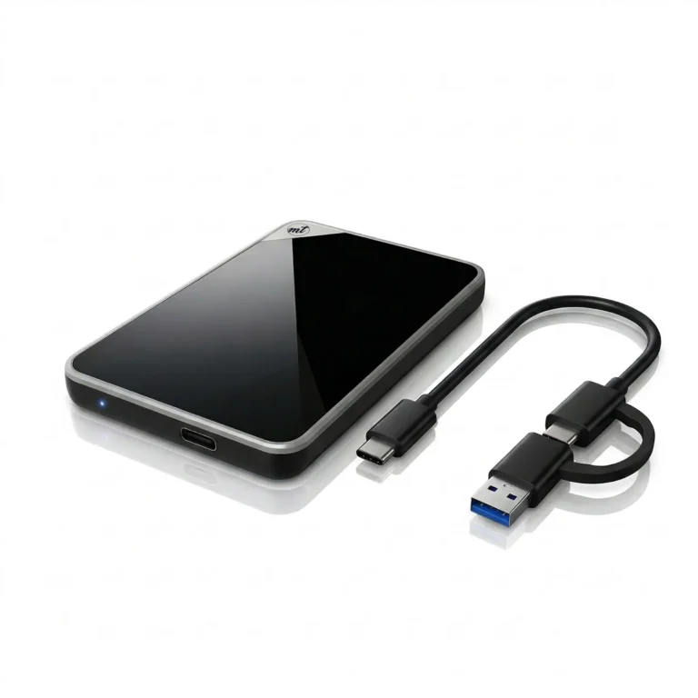 ModusTech Acrylic 2.5-inch portable hard drive with its 2-in-1 USB-C cable