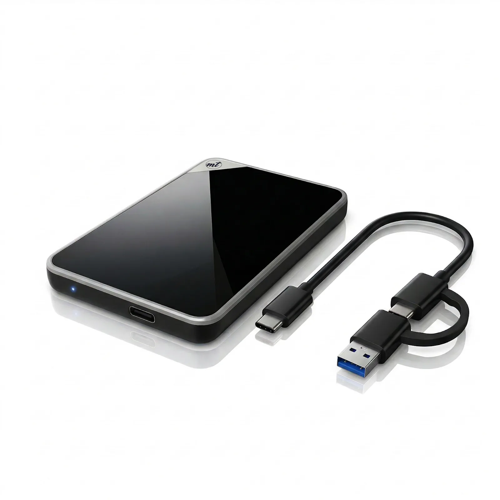 ModusTech Acrylic 2.5-inch portable hard drive with its 2-in-1 USB-C cable