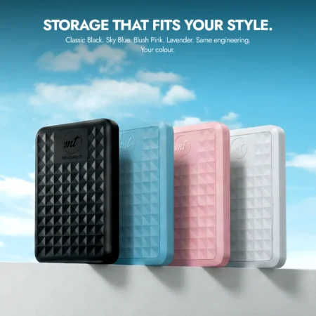 Modustech Facet portable hard drive in classic black, sky blue, blush pink and lavender: storage that fits your style