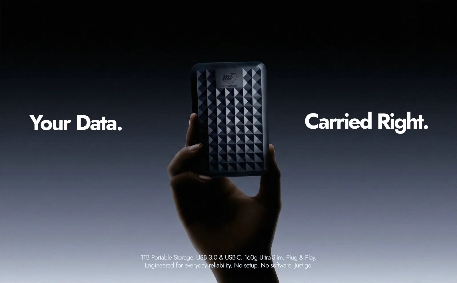 A hand holding the Modustech Facet portable hard drive: your data, carried right