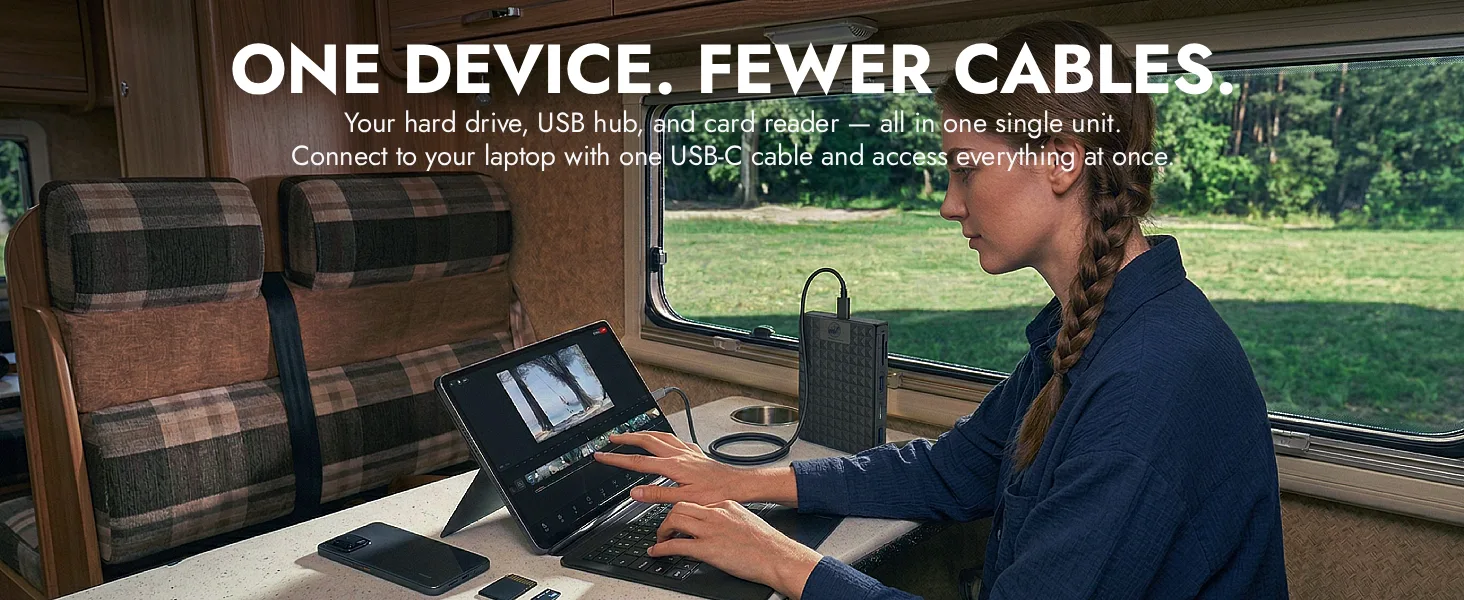 One device, fewer cables: your hard drive, USB hub and card reader in one unit, connected with one USB-C cable