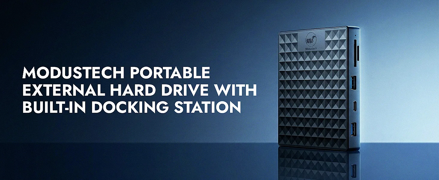 ModusTech 5-in-1 portable external hard drive with built-in docking station