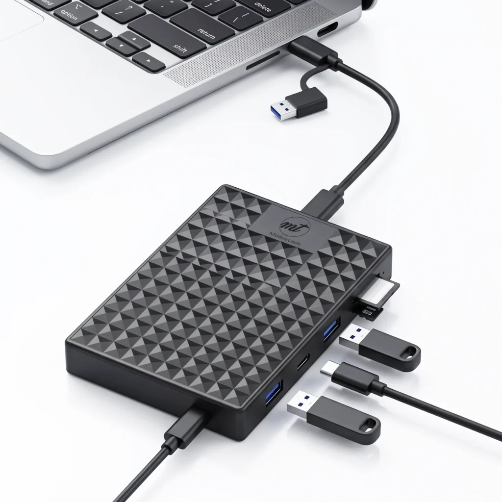 Nexus connected to a laptop with USB drives, a USB-C cable and memory cards plugged in