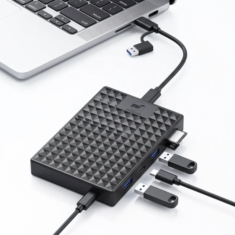Nexus connected to a laptop with USB drives, a USB-C cable and memory cards plugged in