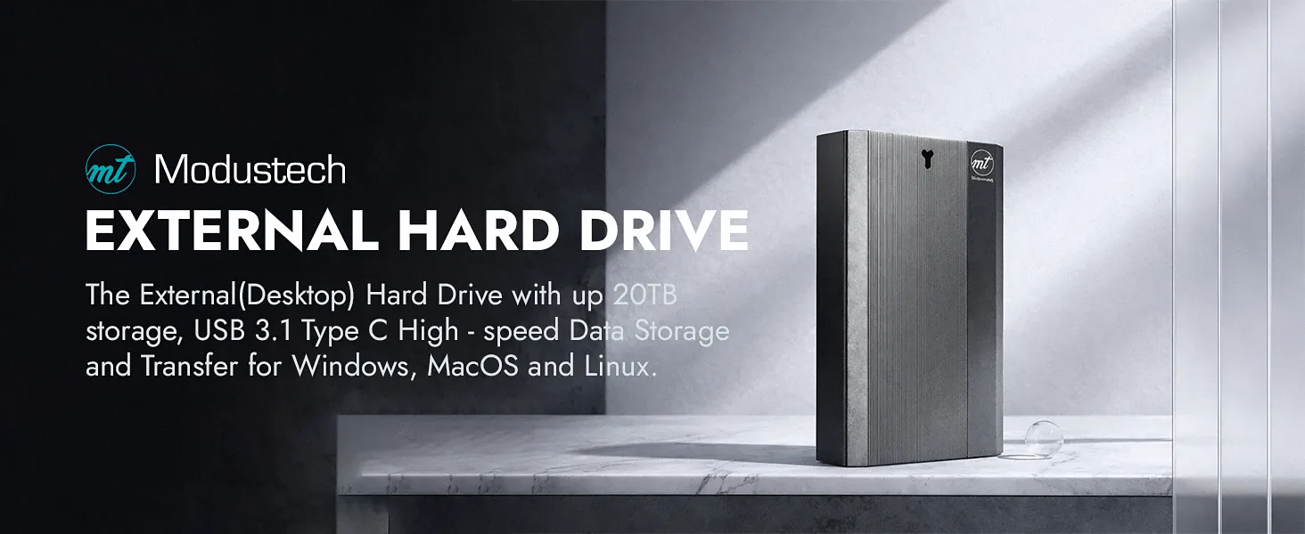 ModusTech external desktop hard drive with up to 20TB storage and USB 3.1 Type-C for Windows, macOS and Linux