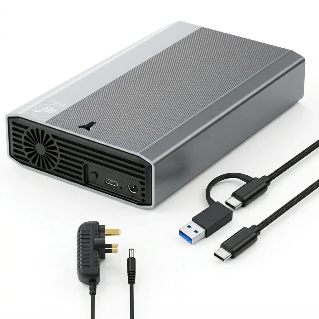 ModusTech Vault Alloy desktop hard drive with AC adapter and 2-in-1 USB-C cable