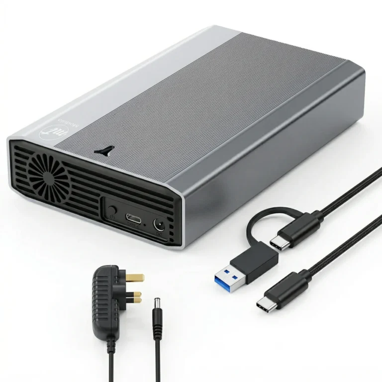 ModusTech Vault Alloy desktop hard drive with AC adapter and 2-in-1 USB-C cable
